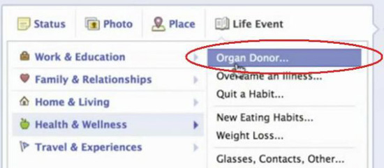 Facebook: promuove i donatori d'organi